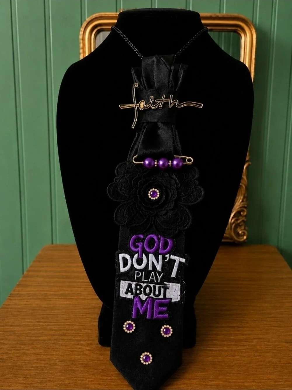 Embroidered Black Women's Accessory Tie with Purple Accents